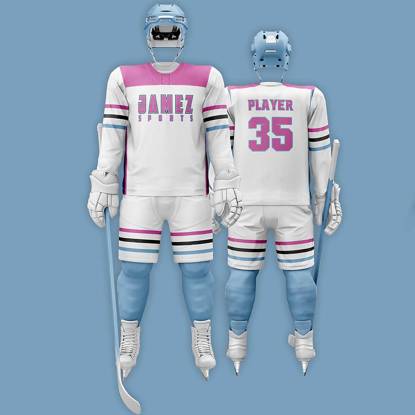  White Purple And Blue Ice Hockey Jersey Polyester Printed Anti Bacterial Quick Dry Manufacturers, Suppliers, Exporters in Texas