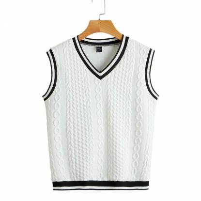 Modern White Cricket Vest Sleeveless V Neck Striped Collar Trim Manufacturers, Suppliers, Exporters in Texas