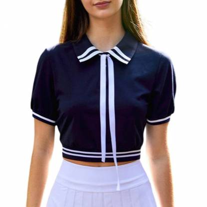 Navy Blue Short Puff Sleeve Tennis Top for Women Fitted Cropped Knit Fabric Manufacturers, Suppliers, Exporters in Texas