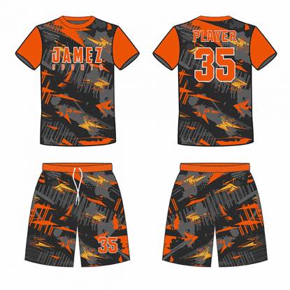 Orange And Light Black Soccer Uniforms For Adults Printed Design Round Neck Half Sleeves Manufacturers, Suppliers, Exporters in Texas