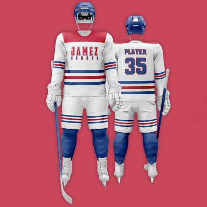 White Blue And Red Ice Hockey Jersey Printed Designs Anti UV Breathable Regular Fit Manufacturers, Suppliers, Exporters in Texas